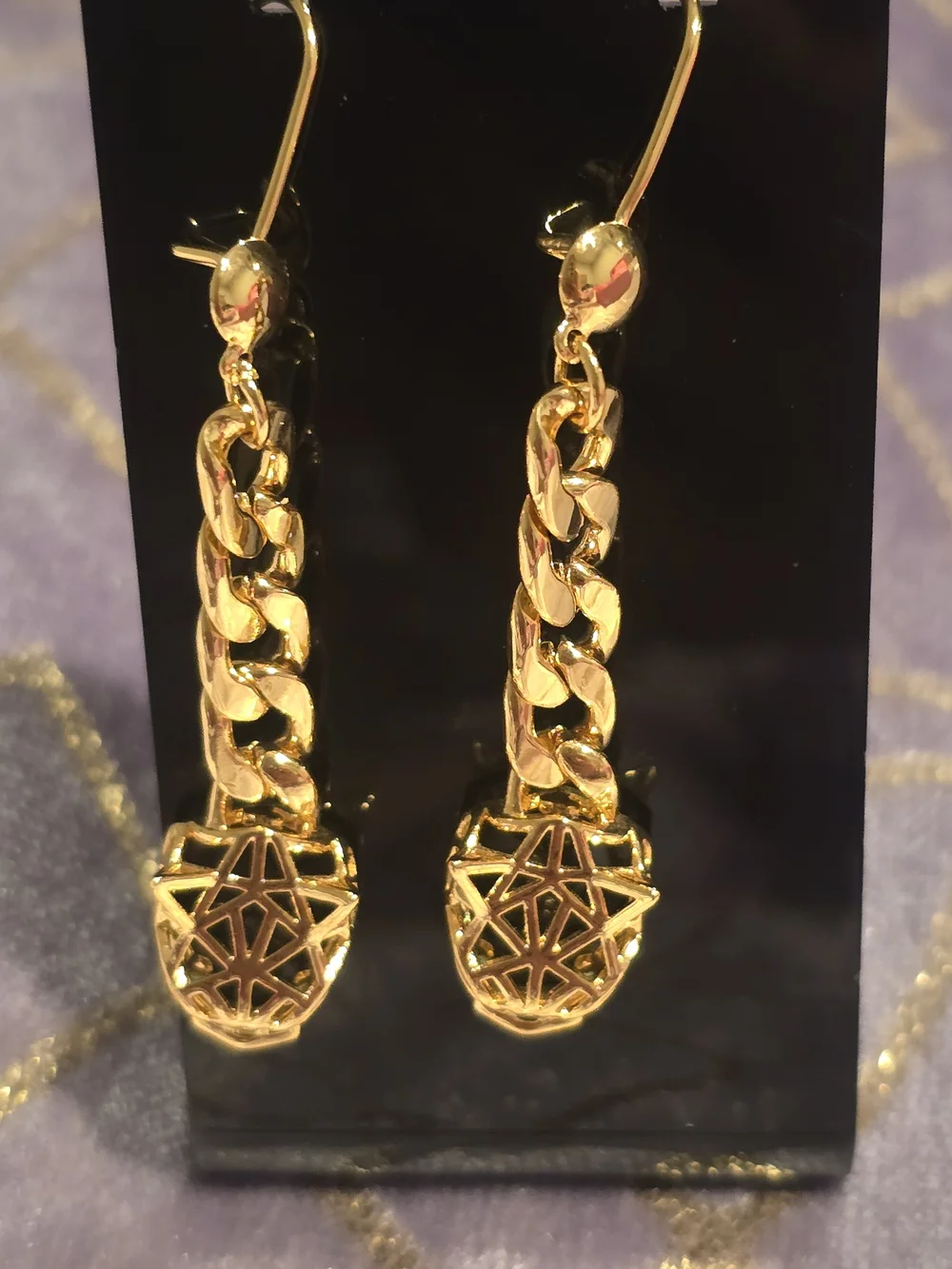 22kgp Dubai Gold Geometric Drop Chain Earrings - Women Jewelry